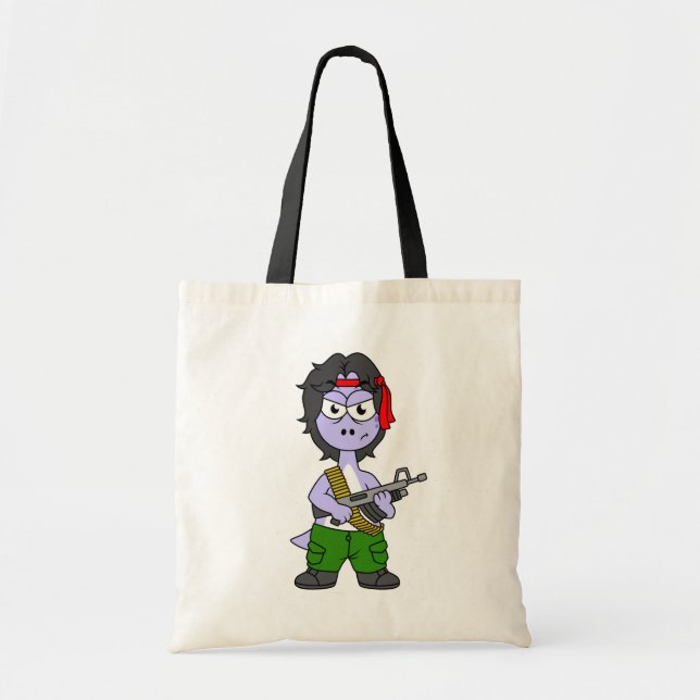 Bolso De Tela Ilustracion De Un Brontosauro Vestido Como Rambo. (Frente)
