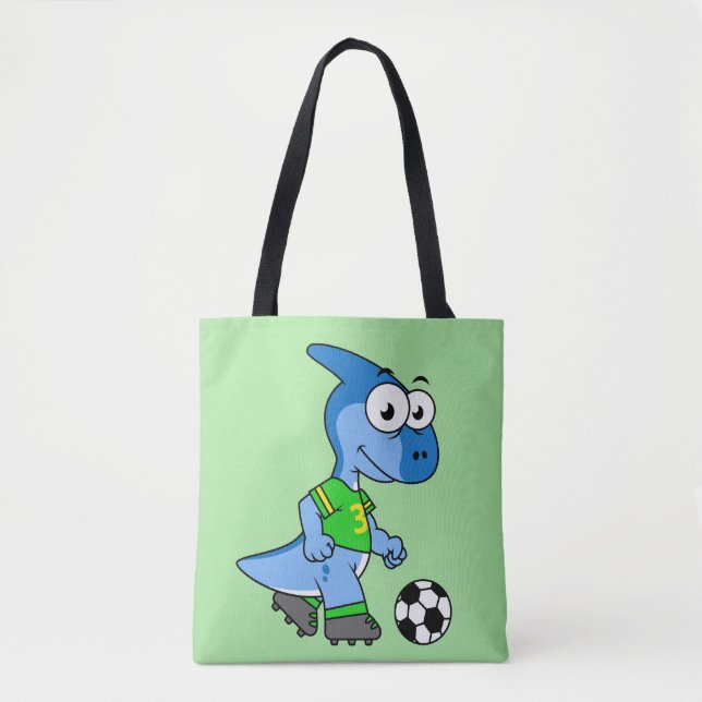 Bolso De Tela Ilustracion De Un Parasaurolophus Jugando Fútbol. (Anverso)