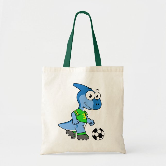 Bolso De Tela Ilustracion De Un Parasaurolophus Jugando Fútbol. (Frente)