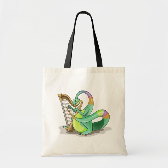 Bolso De Tela Ilustracion De Un Plateosaurio Que Juega El Arpa. (Frente)