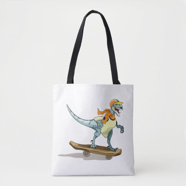 Bolso De Tela Ilustracion De Un Skateboarding Raptor. (Anverso)