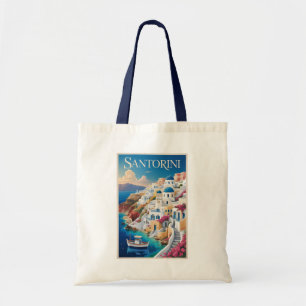 Bolso De Tela Ilustración de viaje de arte vintage de Santorini