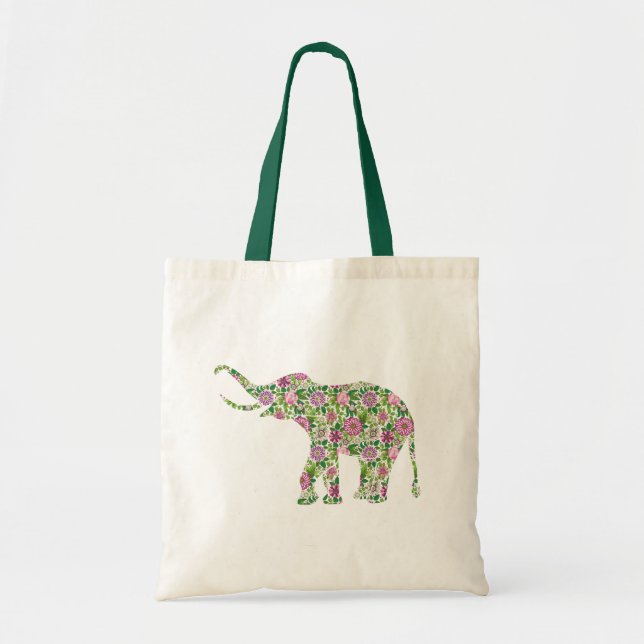 Bolso De Tela Ilustracion Elefante de Flores Verdes y Rosa (Frente)
