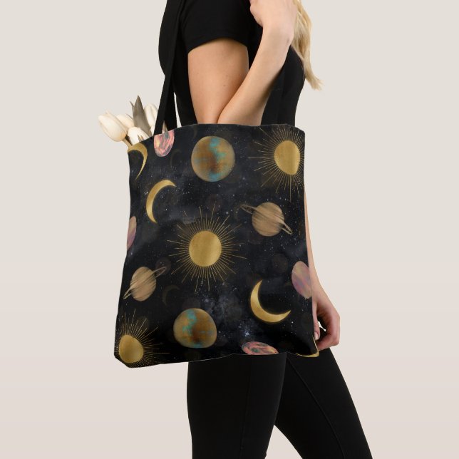 Bolso De Tela Ilustracion Espacial de Planetas Dorados Sun Moon (Detalle)