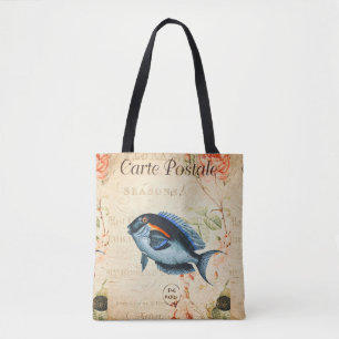 Bolso De Tela Ilustracion floral francés de pescado azul vintage