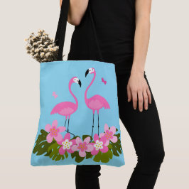Bolso De Tela Ilustración floral tropical de flamencos rosados