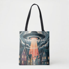 Bolso De Tela Ilustración nocturna de abducción OVNI en la calle