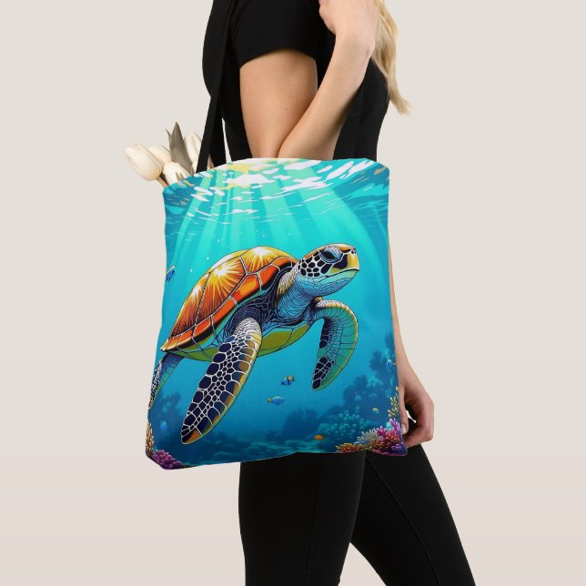 Bolso De Tela Ilustracion Océano vibrante de tortuga marina (Detalle)