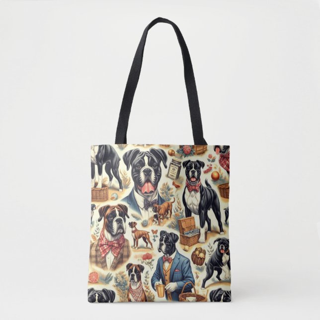 Bolso De Tela Ilustracion retro boxer de perro (Anverso)