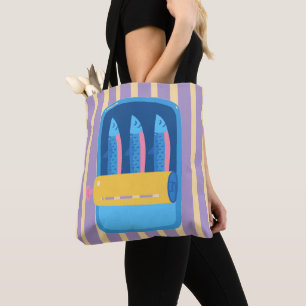 Bolso De Tela Ilustración Retro de Lata de Sardinas con Rayas