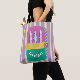 Bolso De Tela Ilustración Retro de Lata de Sardinas con Rayas