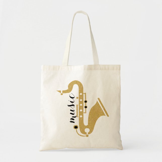 Bolso De Tela Ilustracion Saxofón En Textura Purpurina Dorada (Frente)