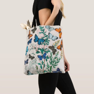 Bolso De Tela Ilustracion Tote Bag con mariposas azules de época