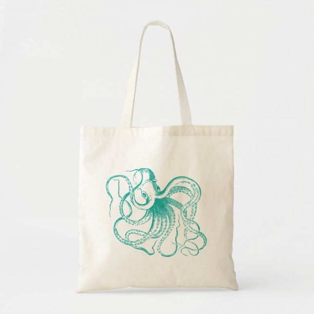 Bolso De Tela Ilustracion verde azulado de pulpo (Frente)