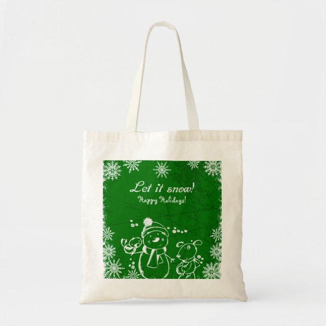 Bolso De Tela Ilustracion Verde Y Blanco - Feliz Navidad (Frente)