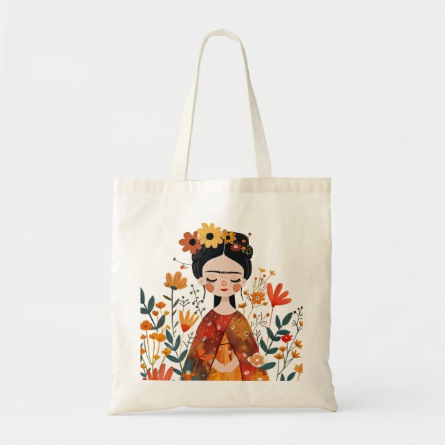 Bolso De Tela Ilustracion Watercolor Whimsical Cute Frida Kahlo (Frente)