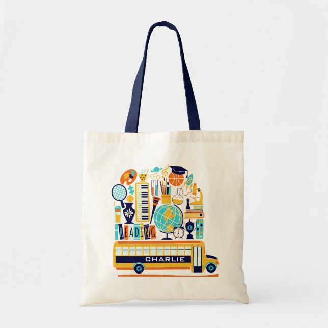 Bolso De Tela Ilustraciones escolares nombre personalizado a las (Frente)