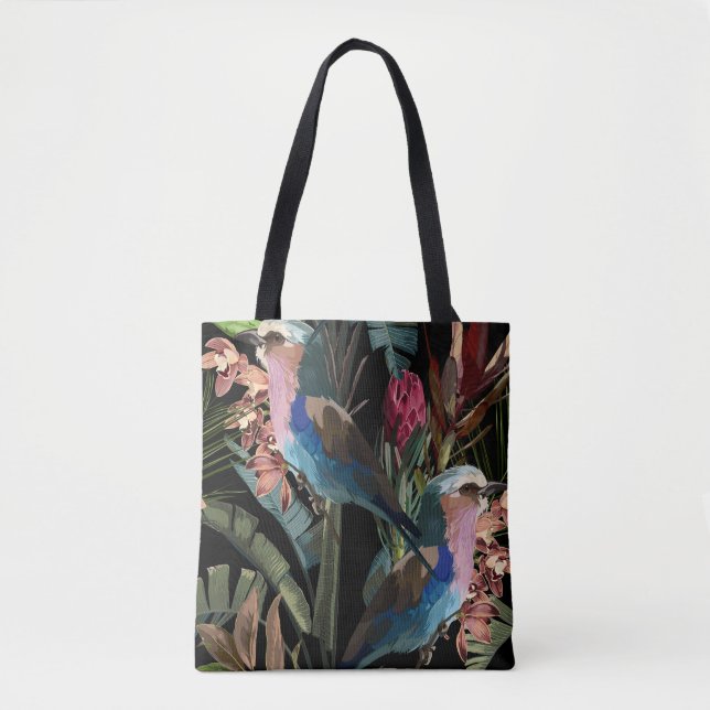 Bolso De Tela Ilustraciones tropicales de flores, plantas, pájar (Anverso)
