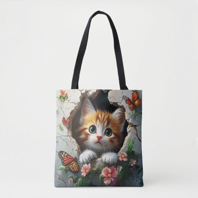 Bolso De Tela Imagen 3D de un lindo gatito asomándose (Anverso)