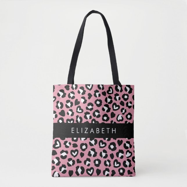 Bolso De Tela Impresión animal, Leopardo rosa, corazón, tu nombr (Anverso)