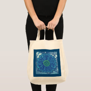 Bolso De Tela Impresión de bloques de margarita de Gerbera, azul