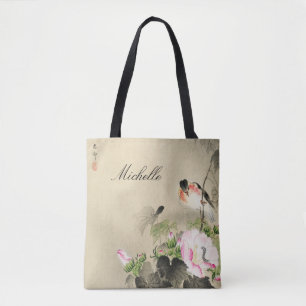 Bolso De Tela Impresión de Blossom Rosa de Aves Vintage Japonesa