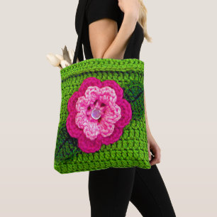 Bolso De Tela Impresión de crochet artesanal de flores rosas ver