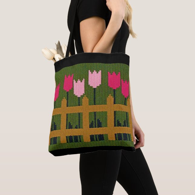 Bolso De Tela Impresión de crochet de artista verde de tulipanes (Detalle)