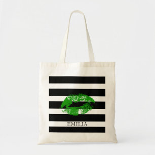 Bolso De Tela Impresión De Labios Y Rayas Verdes