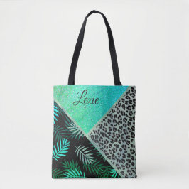 Bolso De Tela Impresión de leopardo tropical Verde azulado Purpu