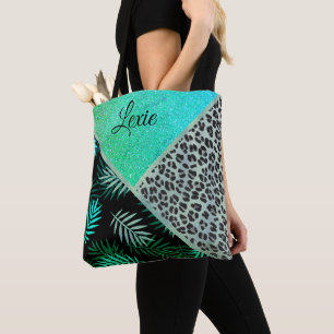Bolso De Tela Impresión de leopardo tropical Verde azulado Purpu