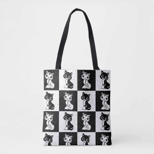 Bolso De Tela Impresión de monograma de gato blanco negro (Anverso)