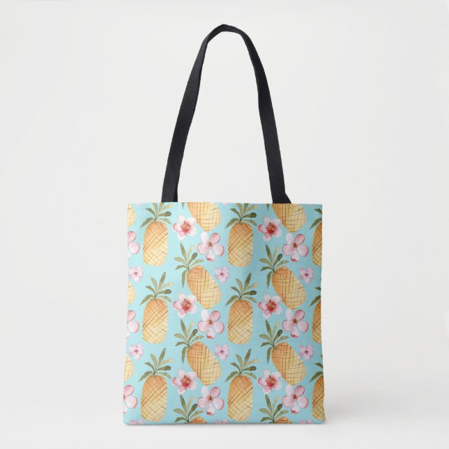 Bolso De Tela Impresión de piña retro tropical sobre turquesa (Anverso)