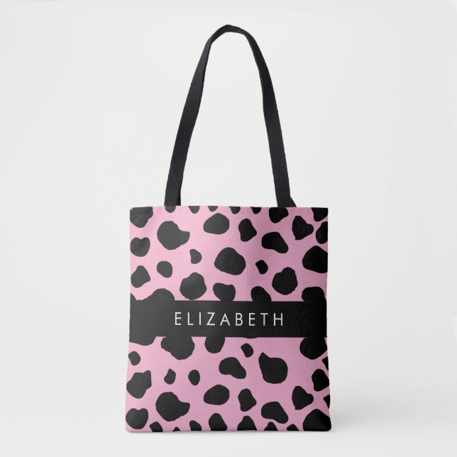 Bolso De Tela Impresión de vaca, puntos de vaca, vaca rosa, nomb (Anverso)