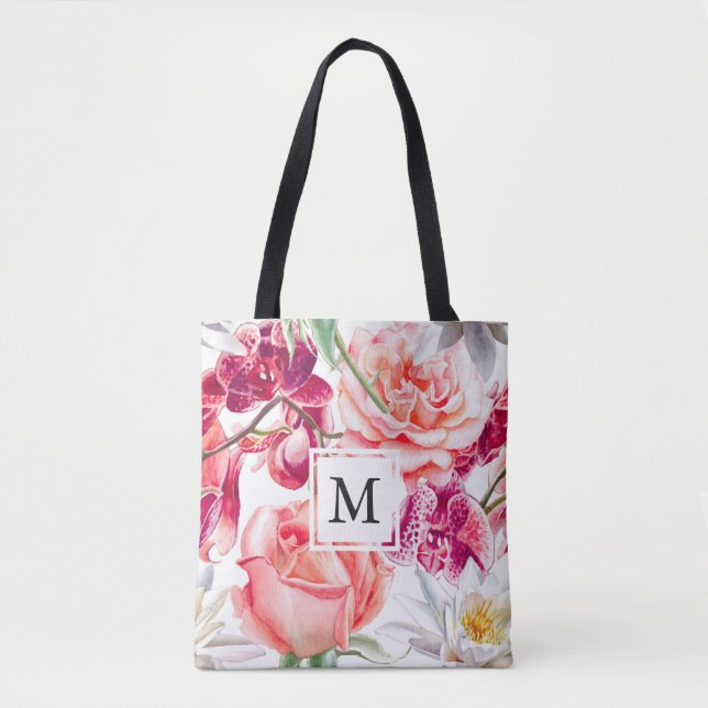 Bolso De Tela Impresión floral de bonito con monograma (Anverso)
