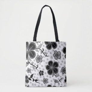 Bolso De Tela Impresión floral en blanco y negro