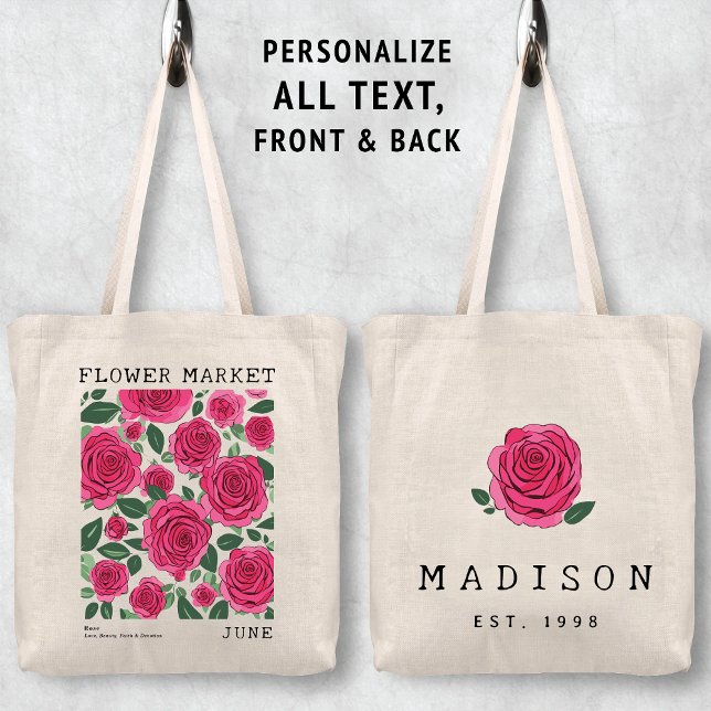 Bolso De Tela Impresión floral rosa Junio Mercado de flores de n (Personalized June Birth Flower Market Tote Bag, Custom Name Tote Bag, Bachelorette Bridesmaid Gifts )