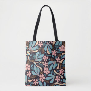 Bolso De Tela Impresión negra de la floración azul coral
