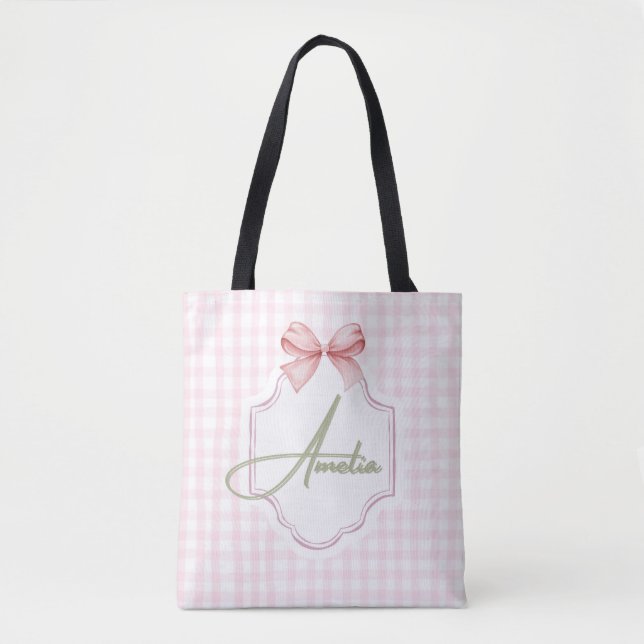 Bolso De Tela Impresión personalizada Amelia Pink Bow & Gingham (Anverso)
