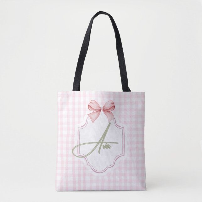 Bolso De Tela Impresión personalizada Ava Pink Bow & Gingham (Anverso)