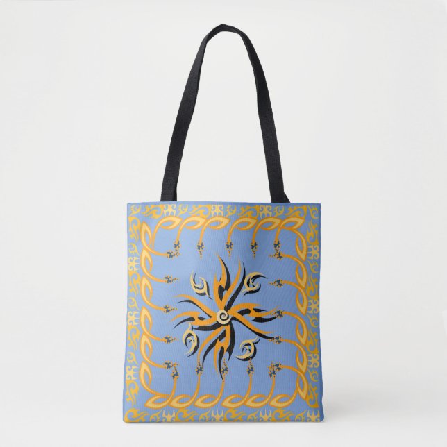 Bolso De Tela Impresión tribal azul y naranja (Anverso)