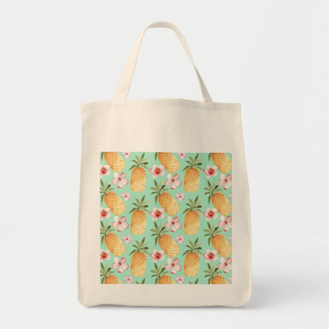 Bolso De Tela Impresión tropical retro sobre fondo de menta (Frente)