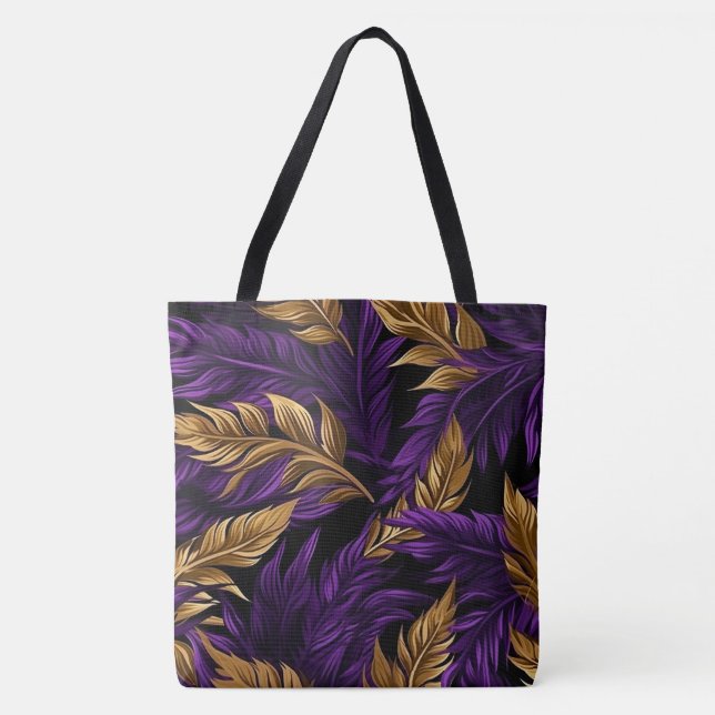 Bolso De Tela Impresionante hoja floral morada y dorada Tote gra (Anverso)