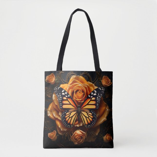 Bolso De Tela Impresionante mariposa monarca naranja con rosas (Anverso)