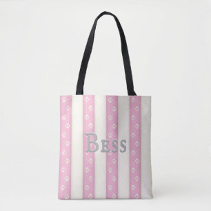 Bolso De Tela Impresiones de la pata de perro en franjas rosadas