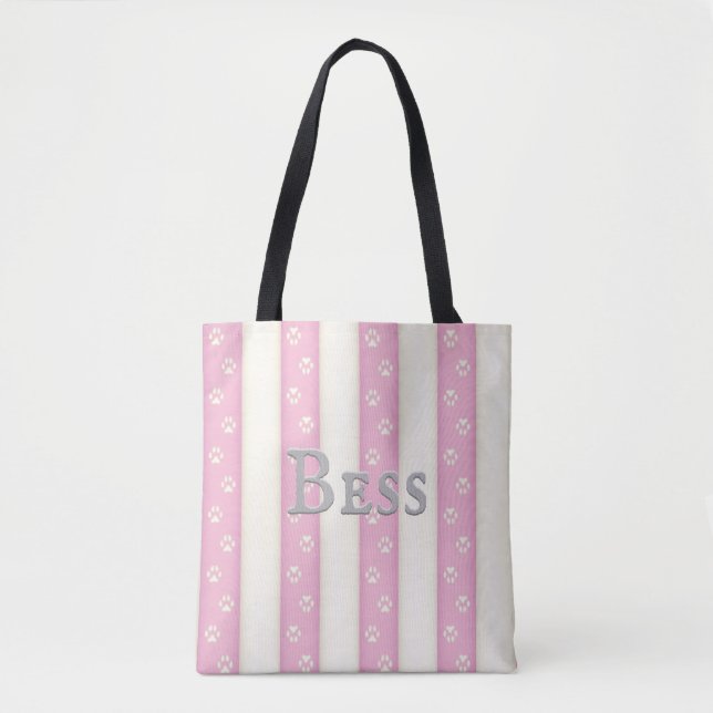 Bolso De Tela Impresiones de la pata de perro en franjas rosadas (Anverso)