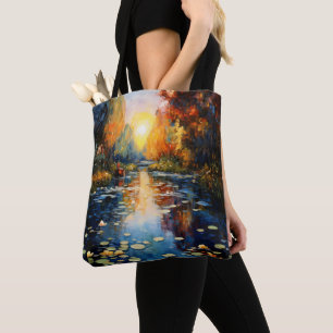 Bolso De Tela Impresionismo de puesta de sol sobre estanque