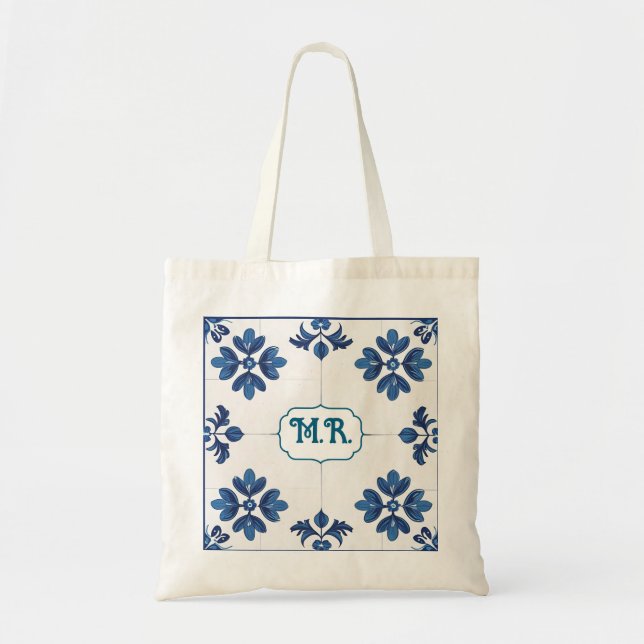 Bolso De Tela Índigo Azulejo Azul Portugués Monograma de Lisboa (Frente)