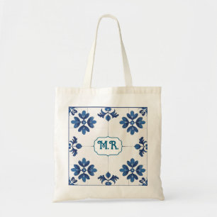 Bolso De Tela Índigo Azulejo Azul Portugués Monograma Lisboa