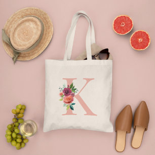 Bolso De Tela Inicial de monograma floral burdeos rubor